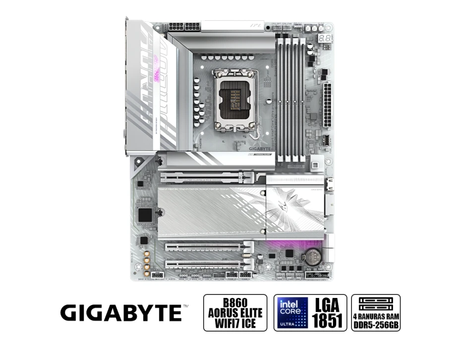 Placa Madre Gigabyte B860 Aorus Elite Wifi 7 Ice (90-b860-a-elite-wf7-ice)  Blanco, Socket Lga 1851, Ram Ddr5, Core Ultra
