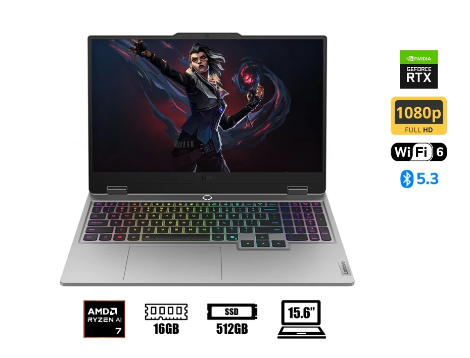 Laptop Lenovo Ryzen 7-250 Loq 15ahp10 Gaming (83jg006rus) 15.6" Fhd 144hz, Ram 16gb, Ssd 512gb, Rtx 5050 8gb, Win11, Luna Gray