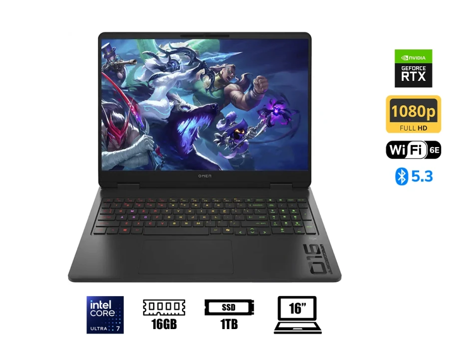 Laptop Hp Core Ultra 7-255hx Omen 16-am0073dx Gaming (bz4a3ua#aba) 16" (1920x1200) 144hz, Ram 16gb, Ssd 1tb, Rtx 5060 8gb, Win11, Shadow Black Rgb