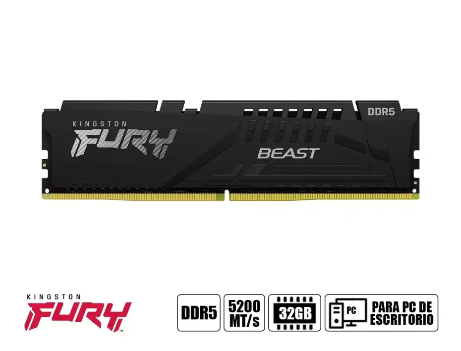 Memoria Ram Kingston Fury Ddr5 32gb Beast (kf552c40bb2-32) 5200 Mt/s, Cl 40, 1.25v Negro