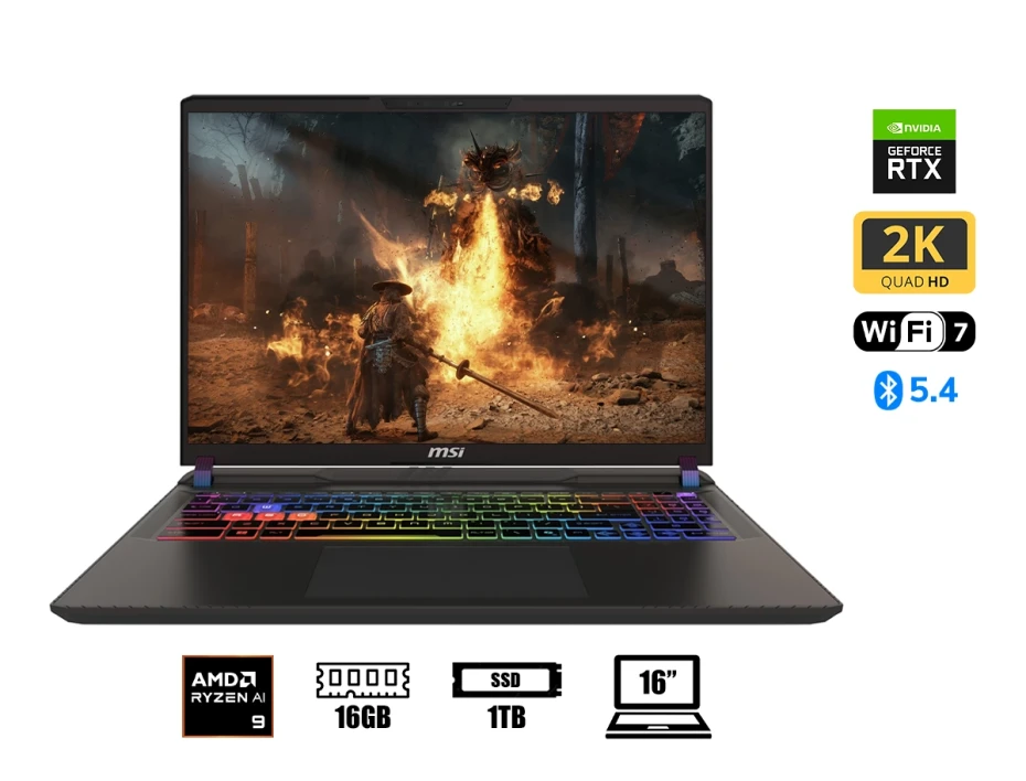 Laptop Msi Ryzen 9-8940hx Vector A16 Hx Gaming (a8whg-004us) 16" (2560x1600) 240hz, Ram 16gb, Ssd 1tb, Rtx 5070ti 12gb, Win11, Rgb, Cosmo Gray
