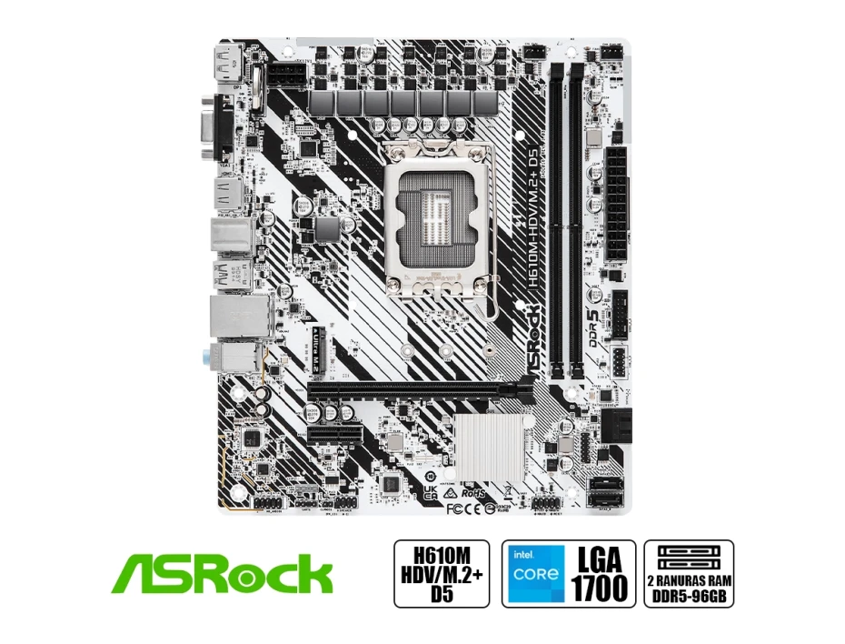 Placa Madre Asrock H610m-hdv/m.2 D5 (90-mxbm50-a0uayaz) Socket Lga 1700, Ram Dddr5, 14va, 13va, 12va Gen,