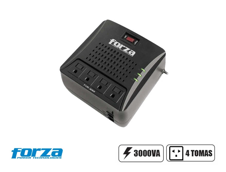 Estabilizador Forza 3000va 4 Tomas, ProtecciÓn Para LÍnea De Datos, Proteccion De Sobretenciones, Luz Led De Estado, Color Negro (fvr-3002)