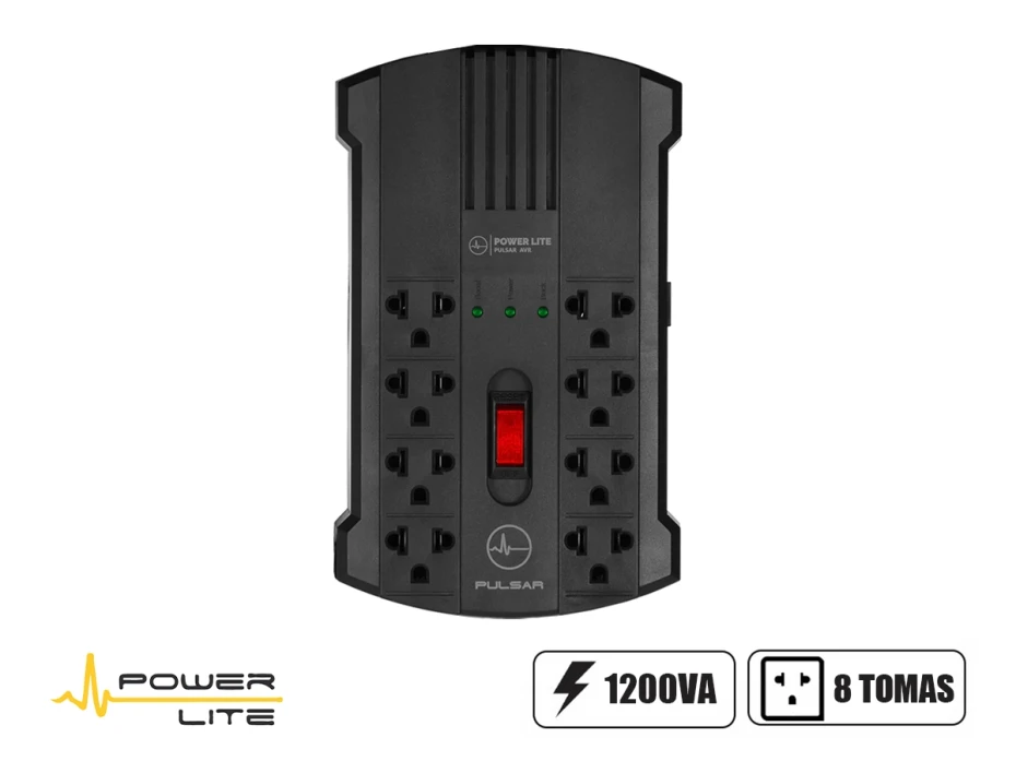 Estabilizador Power Lite 1200va/600w, Pulsar Avr Pli1, 8 Tomas, Frecuencia 50/60hz, Interruptor Iluminado, Color Negro ( Avr Pli1200 )