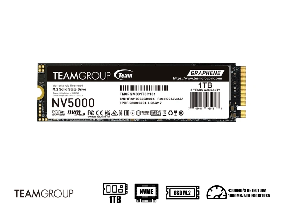 Unidad De Estado Solido Teamgroup Nv5000 (tm8fgm001t0c101) M.2 Pcie 4.0 Ssd M.2 1tb, Pcie Gen4x4 Con Nvme
