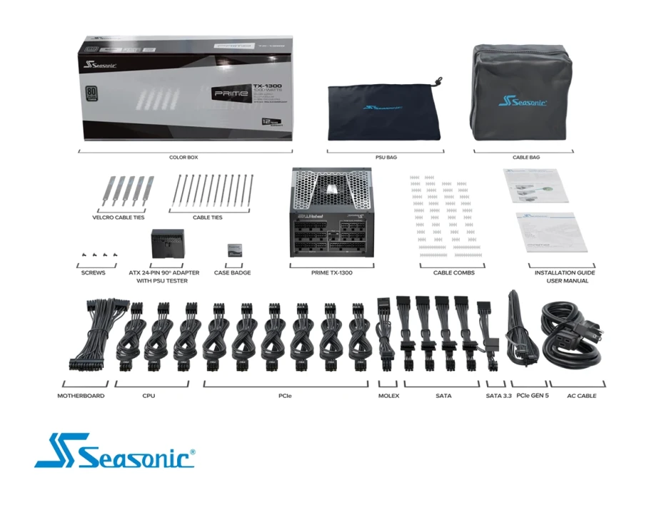 Fuente De Poder Seasonic 1300w Prime (ssr-1300tr2) Tx Atx 3.1 80 Plus Titanium Pcie Gen 5 Full Modular, Negro