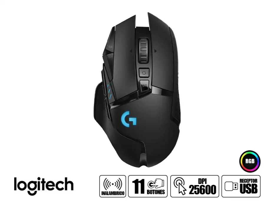 Mouse Logitech G502 Lightspeed (910-005566) Hasta 25.600 Dpi, 11 Botones Programables, Receptor Usb, Rgb, Negro