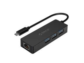 Adaptador De Puerto Tipo C Macho, Con 3 Puertos Usb 3.0 Hembra, 1 Ethernet Rj45 H, Orico Multifuncional, Color Negro (clh-3ar-bk)